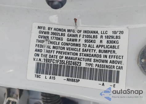 2020 Honda Civic Ex из США, поврежденный, VIN 19XFC1F35LE024623